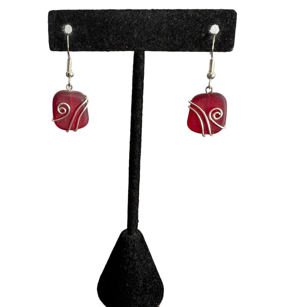Hawaiian Handmade Sea Glass Red and Silver Tone Wire Dangle Drop Earrings